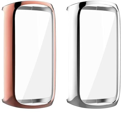 Hülle mit Displayschutz Kompatibel mit Fitbit Luxe, HD Stoßfestes Weiche TPU Cover Vollschutz Display Schutzhülle für Fitbit Luxe Schutz Case (Silber+Roségold)
