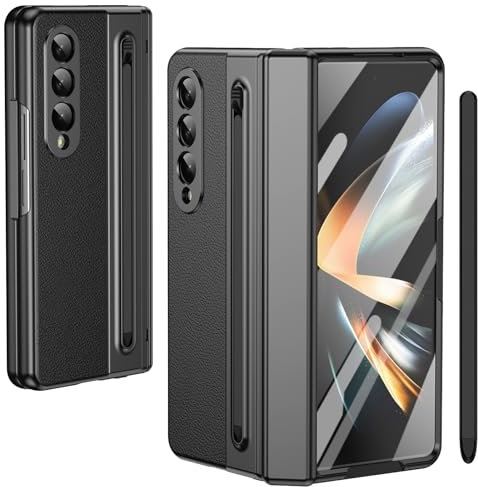per Galaxy Z Fold4 Custodia con Penna e Slot per Penna, Pellicola Protettiva in Vetro Temperato + Protezione Cerniera Cover in Pelle per Samsung Galaxy Z Fold4-Nero