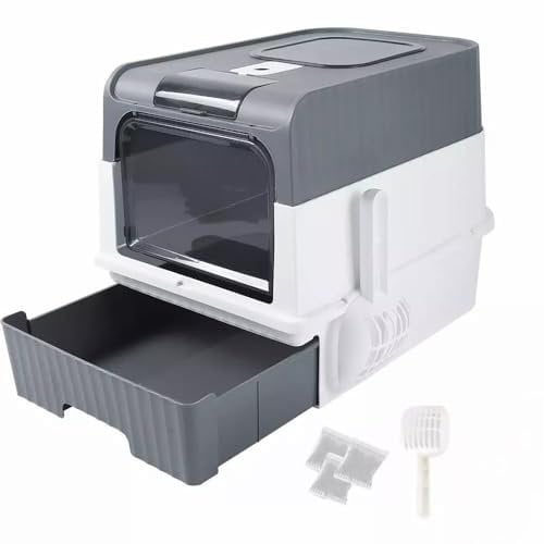 Hidden Cat Litter Box with Hood, Self-Cleaning Pan, Spacious for Large Cats, Anti-Tracking, Anti-Leaking (Grey)