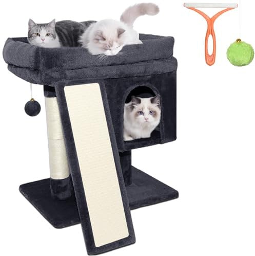 LEEJARD kratzbaum klein, Katzenbaum mit Große Plattformen, Sisalstämme, Kratzrampe, Katzenhaus, Plüschbälle und Katzenbürste für große Katzen