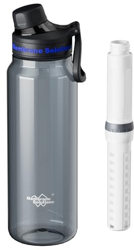 Membrane Solutions Gourde filtrante eau survie, 1L avec cartouche filtrante ACF et UF, capacité de 4000 L, Précision de 0,1 μm, élimine 99,9999% des E.Coli, sans BPA, Camping, Voyage, Gris