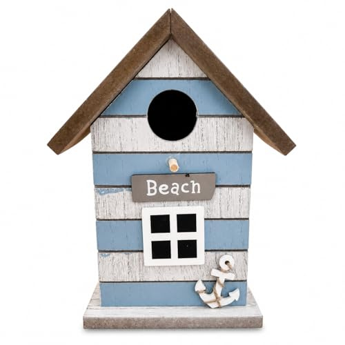 Vogelhaus Baduna, maritimes Deko-Vogelhaus aus MDF, 15 x 12 x 19 cm, Shabby-Look in Hellblau Grau Weiß, Beach-Schriftzug, Ankerdetail, dekoratives Vogelhäuschen für Garten Balkon Zuhause