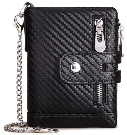 boshiho Carbon Geldbörse für Herren - Geldbeutel Leder Schwarz Boss mit Kette Kreditkartenetui mit RFID-Schutz 13 Fächer Münztasche & Slim Design Portemonnaie aus Karbonfaser