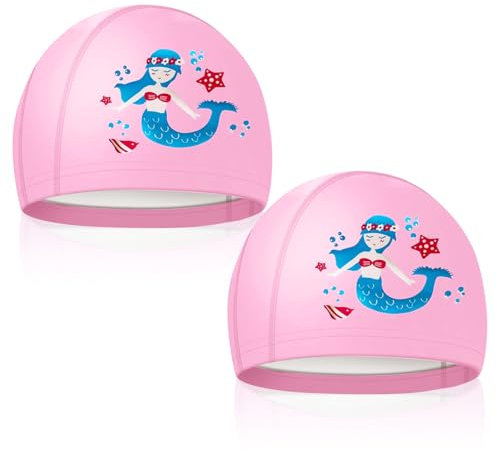 TUONYIS 2 Pezzi Kids Cuffia Piscina cuffia piscina bambino Cuffia da Bagno Elastico Cuffie da Nuoto di Cartoon cuffia piscina neonato cuffia piscina bambina per Bimbino Ragazzi Ragazze Età 4-10 (Rosa)