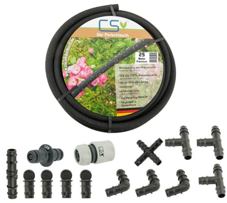 CS Perlschlauch Premium 25m inkl. Starterset – eco Tropfschlauch für Garten, Beet & Hecke – nachhaltiger & wassersparender Bewässerungsschlauch – flexibel verlegbar & umweltfreundlich