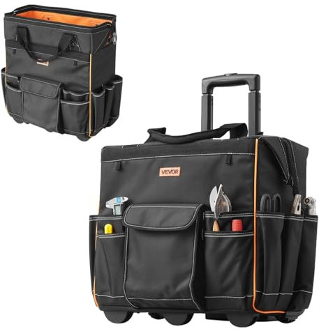 VEVOR Rolling Tool Bag, 110 lbs Load Capacity, 25 Pockets Heavy Duty Roller Tool Bag with Adjustable Telescoping Handle & Stable Base, Toolbag Organizers with Wheels for Electrician, Construction