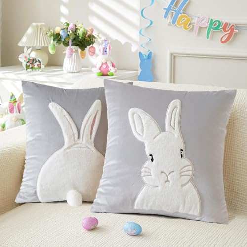 Osterdeko Kissenbezug Ostern Deko Hase Kissenhülle Frühling 45x45cm 2er Set, Osterkissen Samt Zierkissenbezug mit Schwanz, Hase Deko Kissenbezug Kissen Ostern Frühling Deko Innen Für Couch (Grau)
