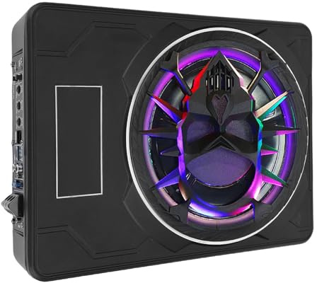 Jiawu 800W Dynamic LED Light Ring Car Subwoofer for Trucks SUV Active Car Subwoofer with Remote Controller, 10 Inch Under Fit for Seat Powered Slim Aluminum Alloy Material (Color)