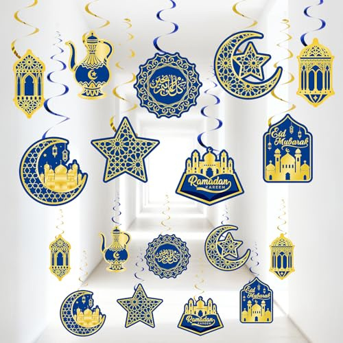 30 Stück Ramadan Mubarak Dekorationen, Eid Mubarak hängende Spiralen,Glitzernder Mond Sterne Moschee Folien Aufhängen Spiral für Ramadan Eid-Al-fitr-Party Deckendeko(Blaues Gold)