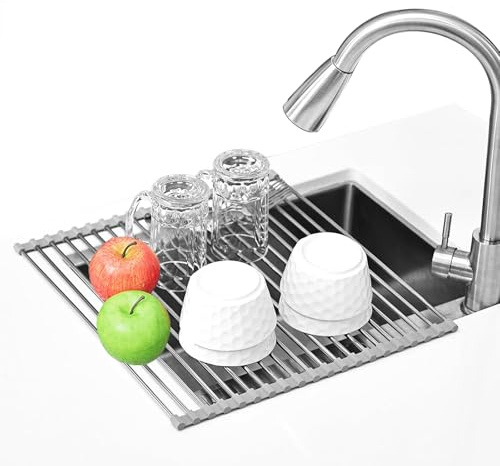 Vauki Escurreplatos para fregadero, 43 x 40 cm, acero inoxidable, escurridor plegable y extraíble para enrollar, escurridor de platos sobre el fregadero, alfombrilla para lavabo en cocina