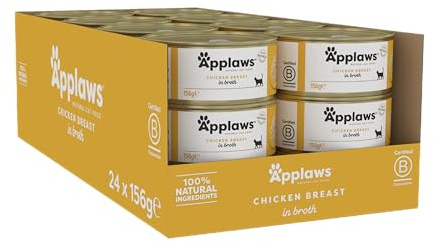 Applaws 100% cibo per gatti bagnato naturale, petto di pollo in brodo (24 x 156g lattine)