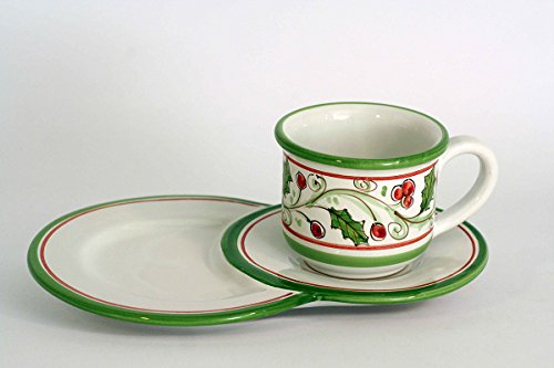 CEAR ceramiche - Tazza da Colazione Natalizia con Piatto Vassoio Porta Biscotti in Ceramica di Caltagirone, Decoro Agrifoglio, Atmosfera Festiva