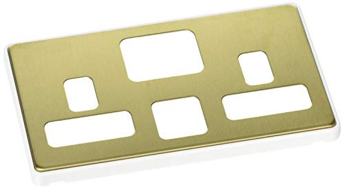 MK Dimensions 2 Gang 13A USB DP Dual Earth Switch Socket Satin Brass Finish Frontplate with a White Trim