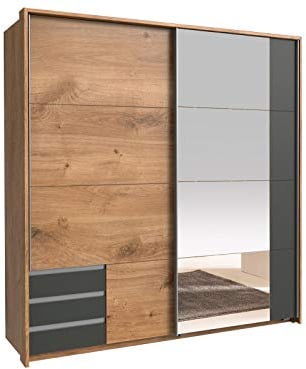 lifestyle4living Schwebetürenschrank in Eiche-Dekor und grau mit Spiegel-Tür, 180 cm | Hochwertiger Kleiderschrank mit 2 Schwebetüren, 4 Einlegeböden & 1 Kleiderstange