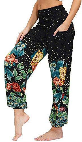 Nuofengkudu Pantaloni Harem Estivi Thai Aladin Stile Boho Vintage Stampa Vita Alta con Tasconi Yoga Pants Beach