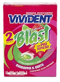 Vivident Blast Fruit, Chewing Gum, Gusto Fragola, Limone, Senza Zucchero, Senza Glutine, Confezione da 2 Astucci di Gomme da Masticare Ripiene, Ideali da Condividere e per una Freschezza a Lungo