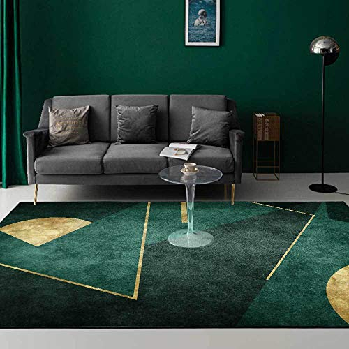 UYWEGRFK Wohnzimmer Teppich groß rutschfest Schlafzimmer Küche Teppich Smaragd einfache dunkelgrüne goldene Geometrie Modern Designer Kurzflor Teppich 200X300CM