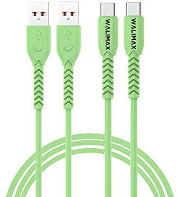 WALIMAX Silicon Cable Pack of 2 1m & 2m USB-C Type Cable Fast Charging & Data Transfer Cable Lead Compatible for Samsung Galaxy S10 S9 S8 A40 A50 A70 A20e S20 Fe Plus A90 A3 A5,Huawei P30 P20 (Green)