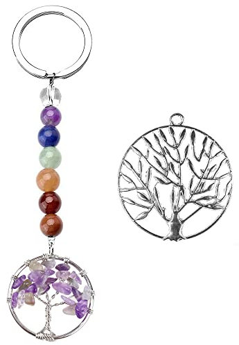 CYUaoao Albero della Vita Portachiavi Gemstone 10CM Ciondolo per Chakra Yoga Buona Fortuna Pietre Curative Reiki Portachiavi Portachiavi dei 7 Chakra