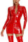 FEOYA Latex Catsuit Frauen Damen Sexy Reißverschluss Langarm Body Figurbetontes Kleid Wet Look PVC Leder Dessous Zipper C-Rot M