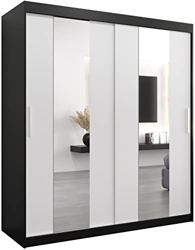 MEBLE KRYSPOL Pole 180 Schlafzimmerschrank mit Zwei Schiebetüren, Spiegel, Kleiderstange und Regalen – 180x200x62cm - Mattschwarz + Mattweiß
