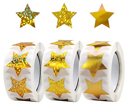 Bekecidi 1500 STÜCKE Goldene Sternaufkleber 3 Muster, 3 Rollen selbstklebende goldene Sterne, 2,5 cm Belohnungstabellen-Aufkleber, holografische Stern-Metallic-Aufkleber für Kinder(3 patterns-B)