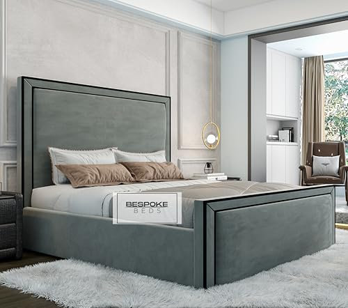 BESPOKE BEDS Fabric Upholstered Bed Frame, Ottoman Storage Bed Frame, Plush Velvet Bed Frame With Black Thread, Double King,Super King Bed Frames (Grey Plush Velvet, 5FT King Size)