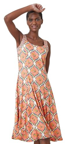 Roman Originals Sleeveless Geometric Print Swing Dress for Women UK - Ladies Everyday Holiday Spring Summer Round Neckline Comfy Soft Evening Vacation Work Party - Orange Ivory - Size 20