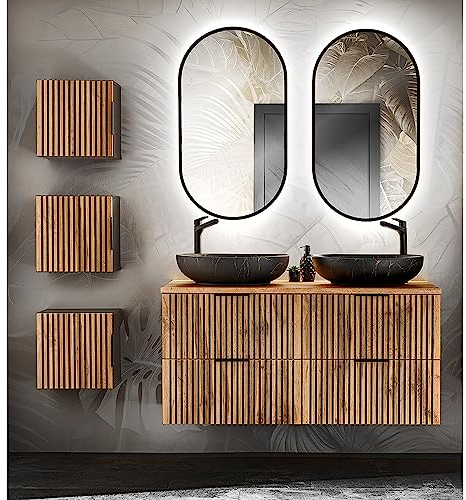 Lomadox Badezimmer Set 6-teilig Doppelwaschtisch Unterschränke 120,6x46,5 cm (BxT) Aufsatzwaschbecken 3 Hängeschränke LED-Spiegel anthrazit mit Eiche Nb. schwarz gerillt