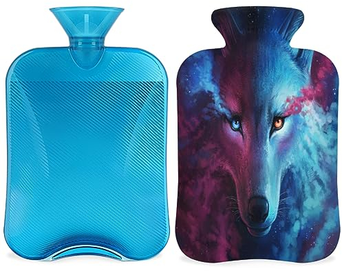 Galaxy Tier Wolf Wärmflasche mit flauschigem Bezug, 2 l, große Kapazität, Wolfsflasche, Wasserbeutel für gemütliche Nächte, Linderung von Schmerzen, Rücken, Nacken und Schultern