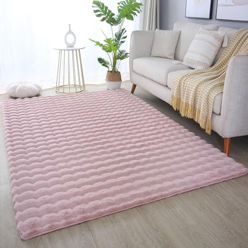 HomebyHome Hochflor Teppich - 3D Moderne Einfarbig Design 200x290 cm Rosa - Flauschiger Kunstfell Shaggy für Wohnzimmer, Schlafzimmer, Kinderzimmer und Flur - Extra Weich