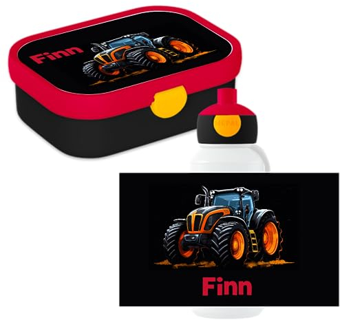 Mepal Lunchset Traktor Campus Personalisierte Lunchbox & Trinkflasche - Wasserflasche und Brotdose mit Namen - Pausenset für Schule und Freizeit - BPA-frei & Spülmaschinenfest - Orange