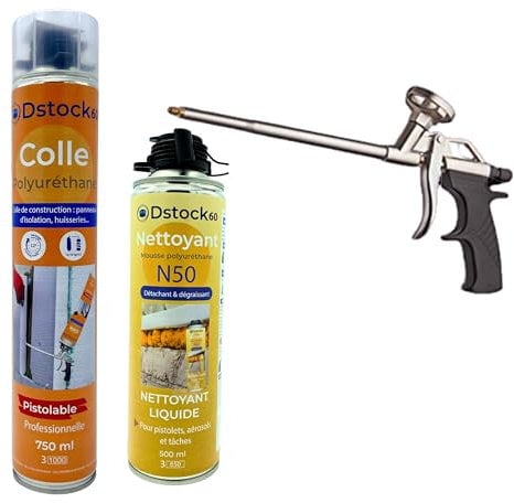 DSTOCK60 - 1x PU Montagekleber + 1x Pistole + 1x Schaumreiniger - Schwach expansiver Polyurethanschaum zum Verkleben von Dämmplatten, Bitumenrollen, Zargen