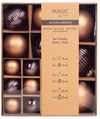 Weihnachtskugeln 16 STK 4,6,8 cm | Sortiment mit Rillen Strukturkugeln | Dekorative Christbaumkugeln (Elegant Lounge | braun)