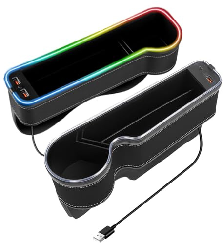 NCONCO Pack of 2 Multifunctional Storage Box,Storage Box for Car Seats with Cup Holder,USB,LED Light Car Seat Gap Filler,Centre Console Accessories with Cup Holder,7-Colour LED Light