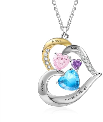 lorajewel Personalisierte Damen Halskette Kette mit Namen - Herz-Anhänger aus Gold und Silber Namenskette - Geschenk für Mama Muttertag Frau Valentinstag Freunde Weihnachten (3 STONE)