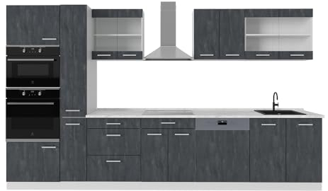 Vicco Küchenzeile R-Line, Küchenblock, Schwarz Beton/Weiß, 350 cm AP Marmor