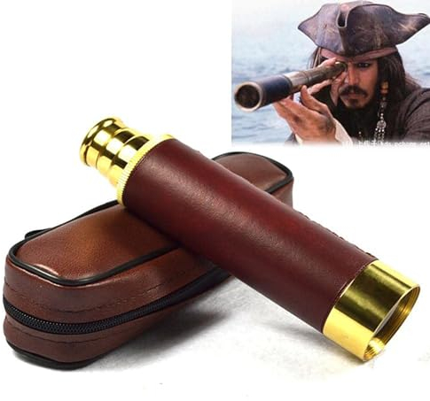 FUIERI Antik Fernrohr Teleskop Altmessing und Leder ausziehbar auf in edler Holzbox zusammenklappbares Vintage Monokular zum Anschauen von Spielen Reisen Wandern,Braun