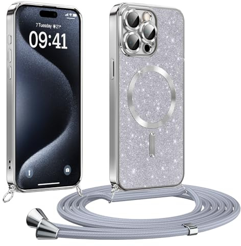 Phoona handyband Hülle für iPhone 15 Pro mit Band, Glitzer Handyhülle Kompatibel mit MagSafe, Ganzkörperschutz Kratzfeste Stossfest Schutzhülle mit Einstellbar Kette, Silber