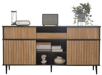 Armario de Cocina, Armario Auxiliar Comedor 4 Puertas Correderas y 1 Cajón, Bueffet para Salón Puerta Sin Tiradores, Alacena de Cocina Estantes Ajustables, Patas de Armario Metálicas, 160 x 40 x 80cm