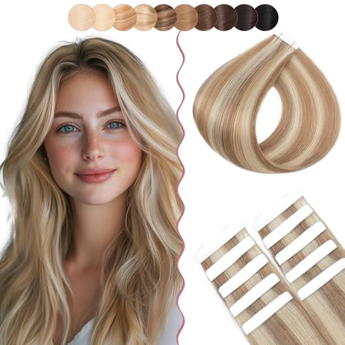 50cm SEGO Extensiones Adhesivas Pelo Natural 10PCS [#12/613 Castaño Dorado/Blanqueador Rubio] Cinta Adhesiva Invisible Sin Clips 100% Remy Liso Cabello Humano Balayage (15g)
