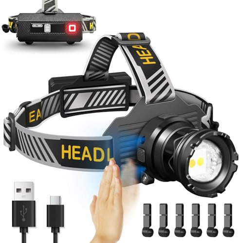 Hyted Head Torch Rechargeable,5000LM Super Bright Zoomable 6 Modes LED Headtorch with Red Warning Light, Motion Sensor, USB Rechargeable Waterproof, Adjustable Headlamp for Camping Running Fishing