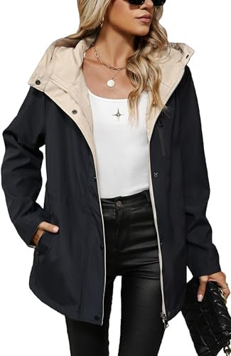 Giolshon Donna Cappotto leggero Windbreaker Zip Up Giacca manica lunga Outdoor Raincoat con cappuccio K502 Nero S