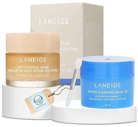 Laniege Lip Sleeping Mask Vanilla 20g and Mini Skincare Water Sleeping Mask 15ml with Silicone Lip Applicator Brush Bundle, Hydrating Lip Masks, overnight mask, lip mask set