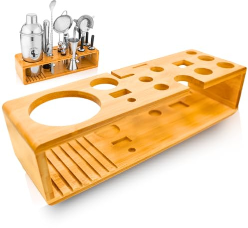 Cocktail Shaker Set Stand Only - Wooden Bartender Kit Stand - Bar Accessories Storage Holds Up to 15 Pcs - Bar Tools Set Bamboo Stand for Home Or Bar