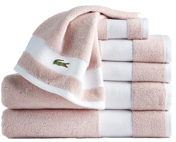 Lacoste Sport Stripe 6-teiliges Luxus-Baumwollhandtuch-Set - Hergestellt aus 100% weicher Supima-Baumwolle, saugfähig & schnelltrocknend, inklusive 2 Badetücher, 2 Handtücher, 2 Waschlappen, Hellrosa