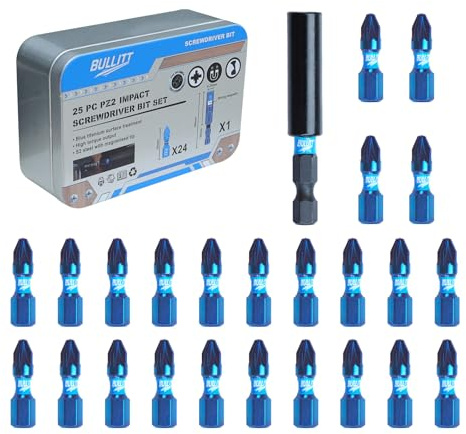 BULLITT Screwdriver Bits set,24Pcs 25mm PZ2 Impact Screwdriver Bits with 1/4 Hex Shank,Single Ended PoziDriv No.2 Heavy Duty,S2 Steel with Magnetised Tip+One Strong Magnetic Bit Holder in One Tin Box