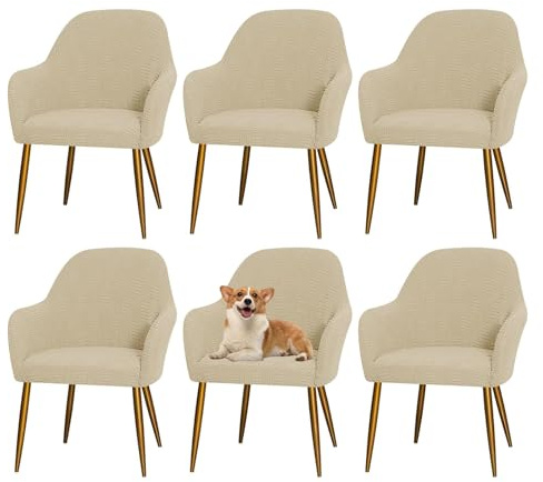 GUYIRT Parsons Stuhlhussen mit gebogener Rückenlehne, modern, dehnbar, mit Armlehne, gebogene Rückenlehne, kratzfester Sesselbezug für Katzen, Beige, 6 Stück