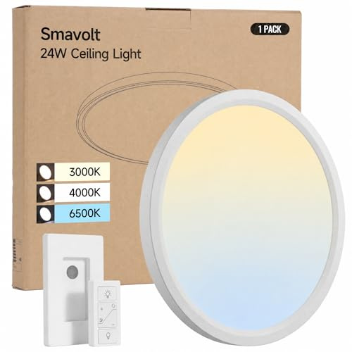 LED Deckenleuchte, 24W Deckenlampe Flach Dimmbar mit Fernbedienung, 3 Farben - 3000K/4000K/6500K, Deckenlampe Rund Badlampe für Bad Kinderzimmer Schlafzimmer Wohnzimmer Küche IP54 Wasserfest