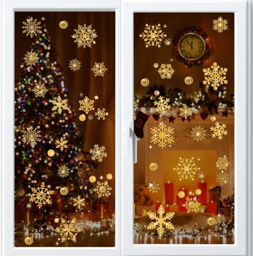 Weihnachten Fenstersticker, 147pcs Fensteraufkleber PVC Fensterbilder Weihnachten Fensterdeko selbstklebend Fensterfolie Weihnachtsdekoration, Schneeflocken Deko Aufkleber(Golden）